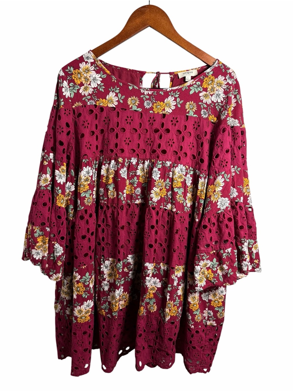 Umgee Burgundy Floral Eyelet Tunic with Yellow & White Blooms